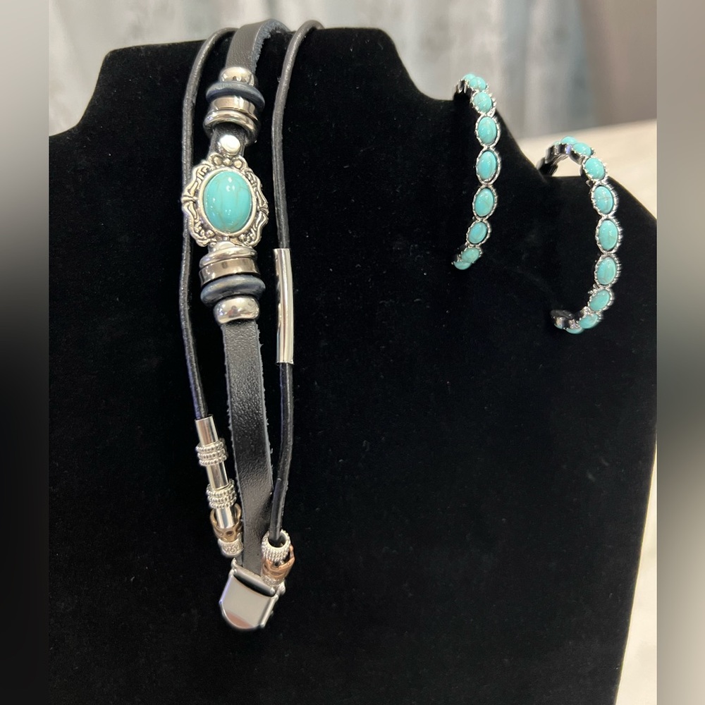 Turquoise stone hoop earrings with leather and turquoise stone bracelet - Picture 1 of 4